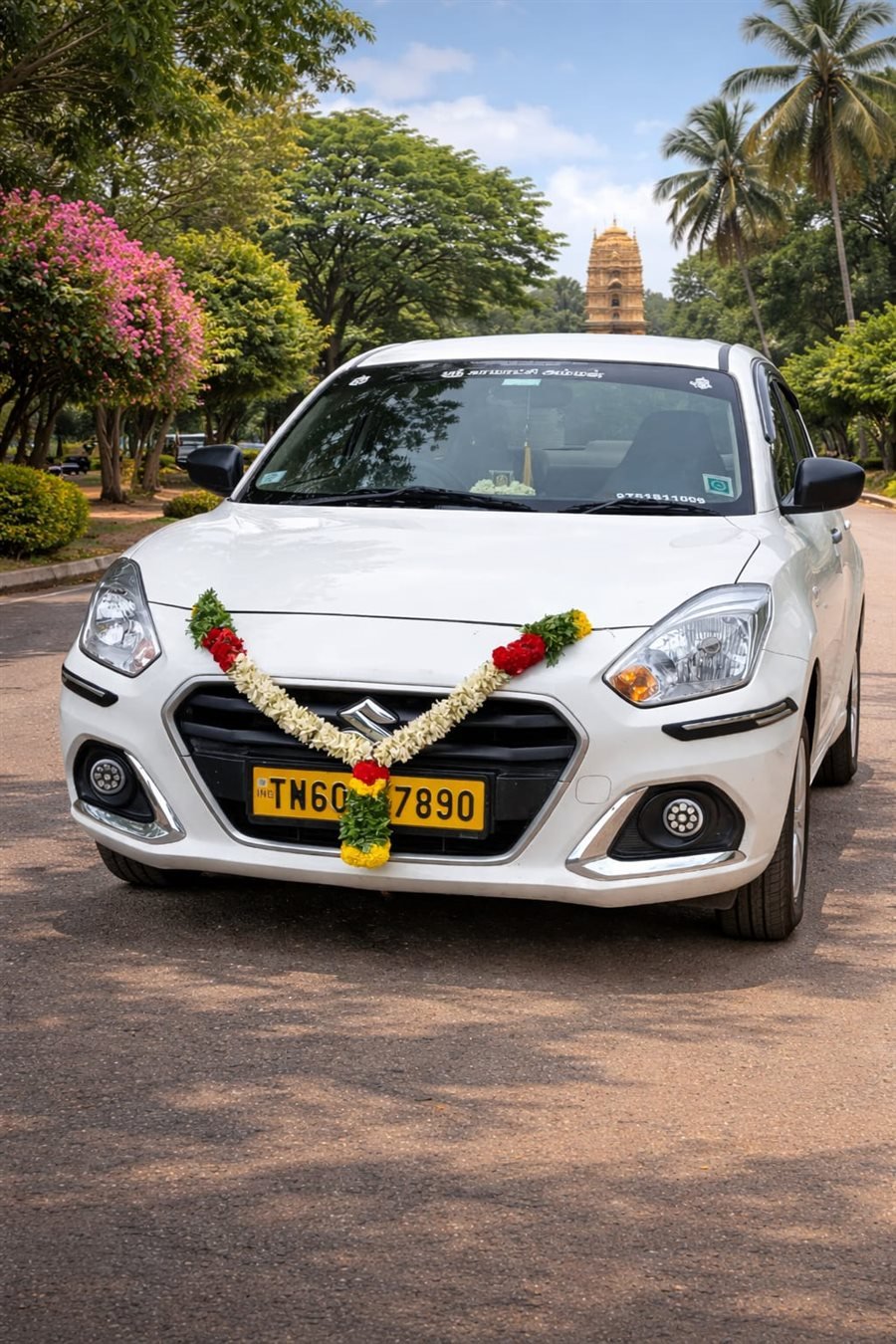 Sri Kamatchi Amman Travels Swift Dzire TN60 with flower garland, Theni